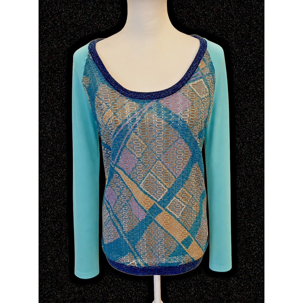 Gusto Barcelona Turquoise Colorful Long Sleeves Top Large Dash Psychedelic Artsy